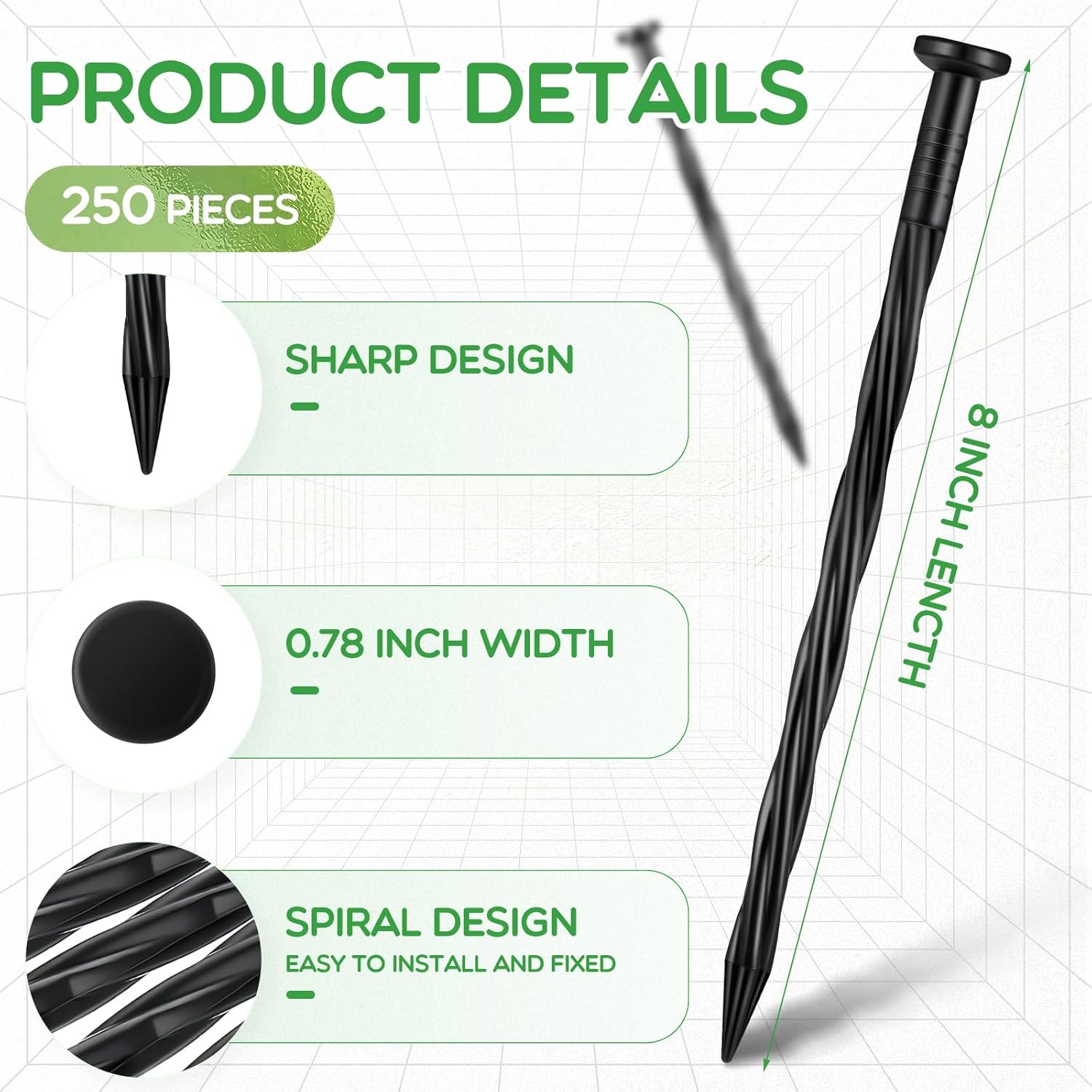 Handepo 250 Pcs 8 Inch Landscape Edging Spikes Plastic Lawn Stakes Anchoring Nails Spiral Nylon Garden Ground Lawn Artificial Nails for Paver Edging Weed Barriers Tent Construction(Black)