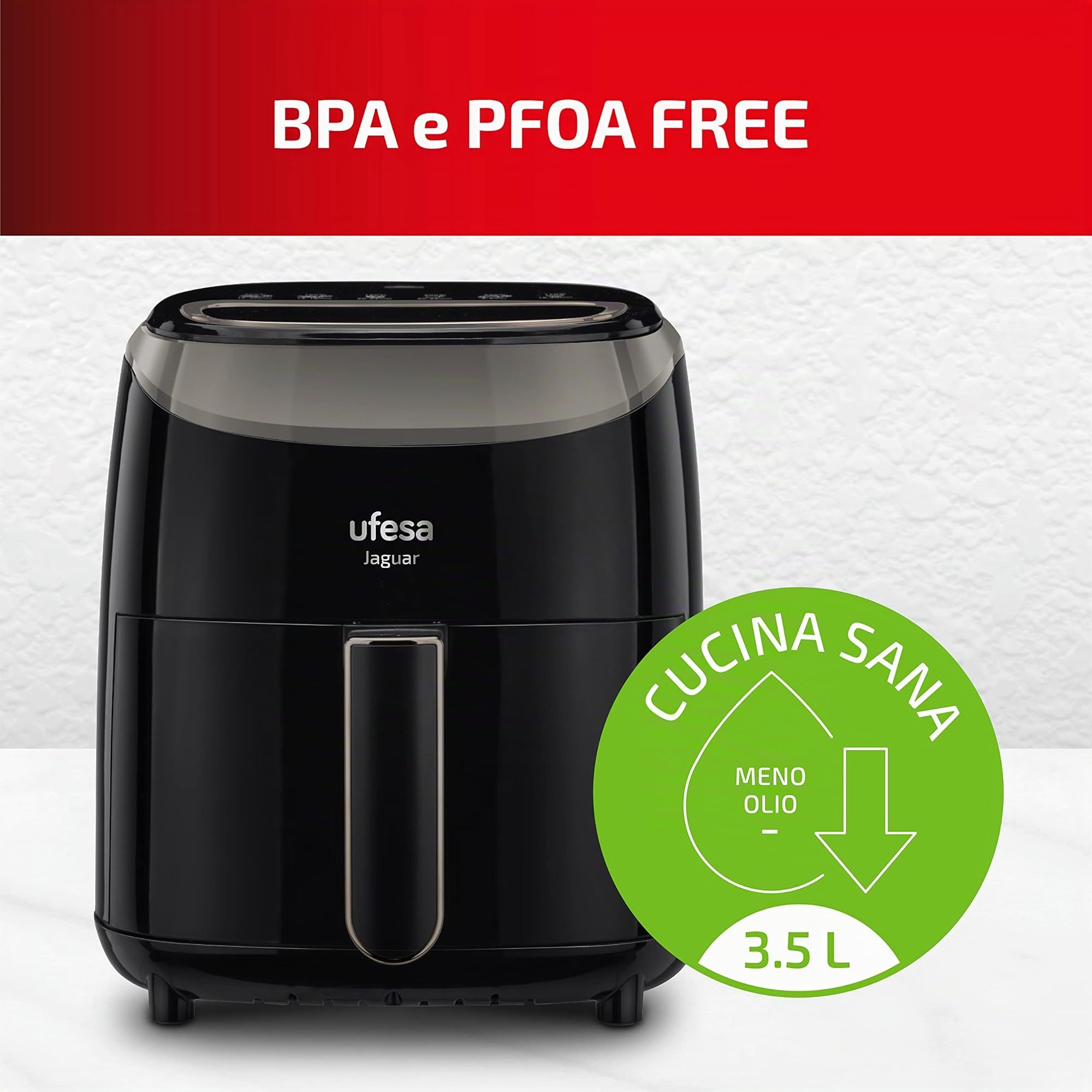 Ufesa Jaguar Friggitrice Aria Digitale Senza Olio da 3,5 L, 8 programmi preinstallati, 1200 W, Timer, Temperatura da 80ºC a 200ºC, Senza BPA ne PFOA, Cestello e vassoio antiaderenti