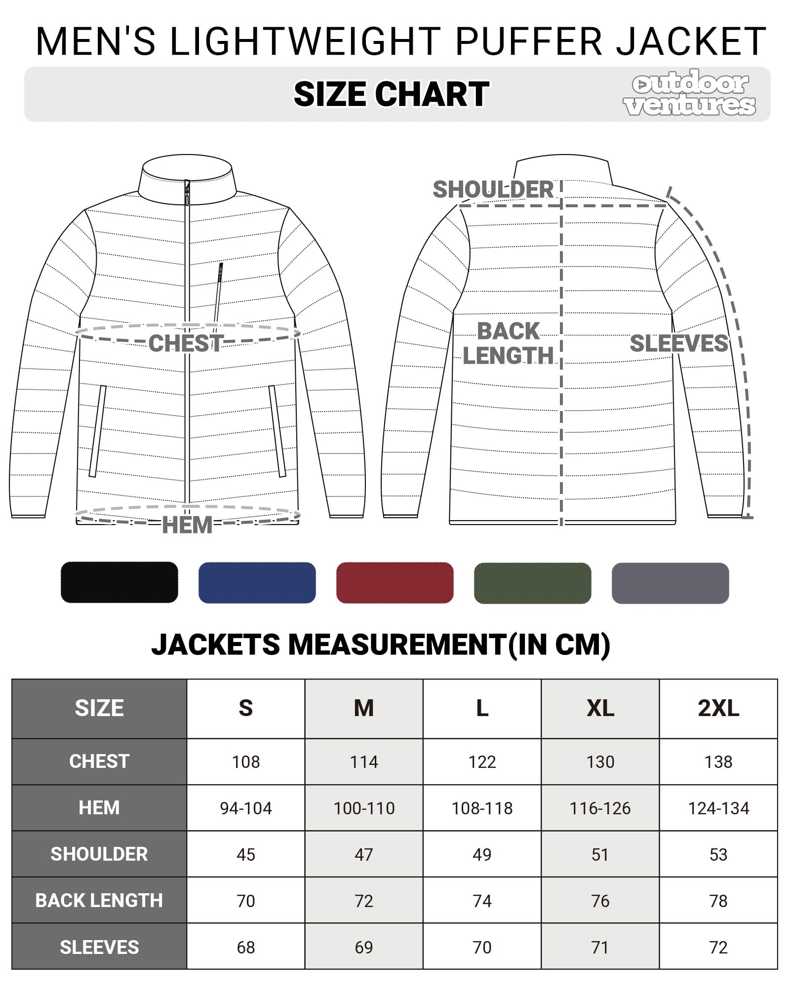 Outdoor Ventures Veste matelassée légère et chaude pour homme, doudoune automne/hiver, design de rangement de poche, imperméable, convient pour la décontractée en plein air