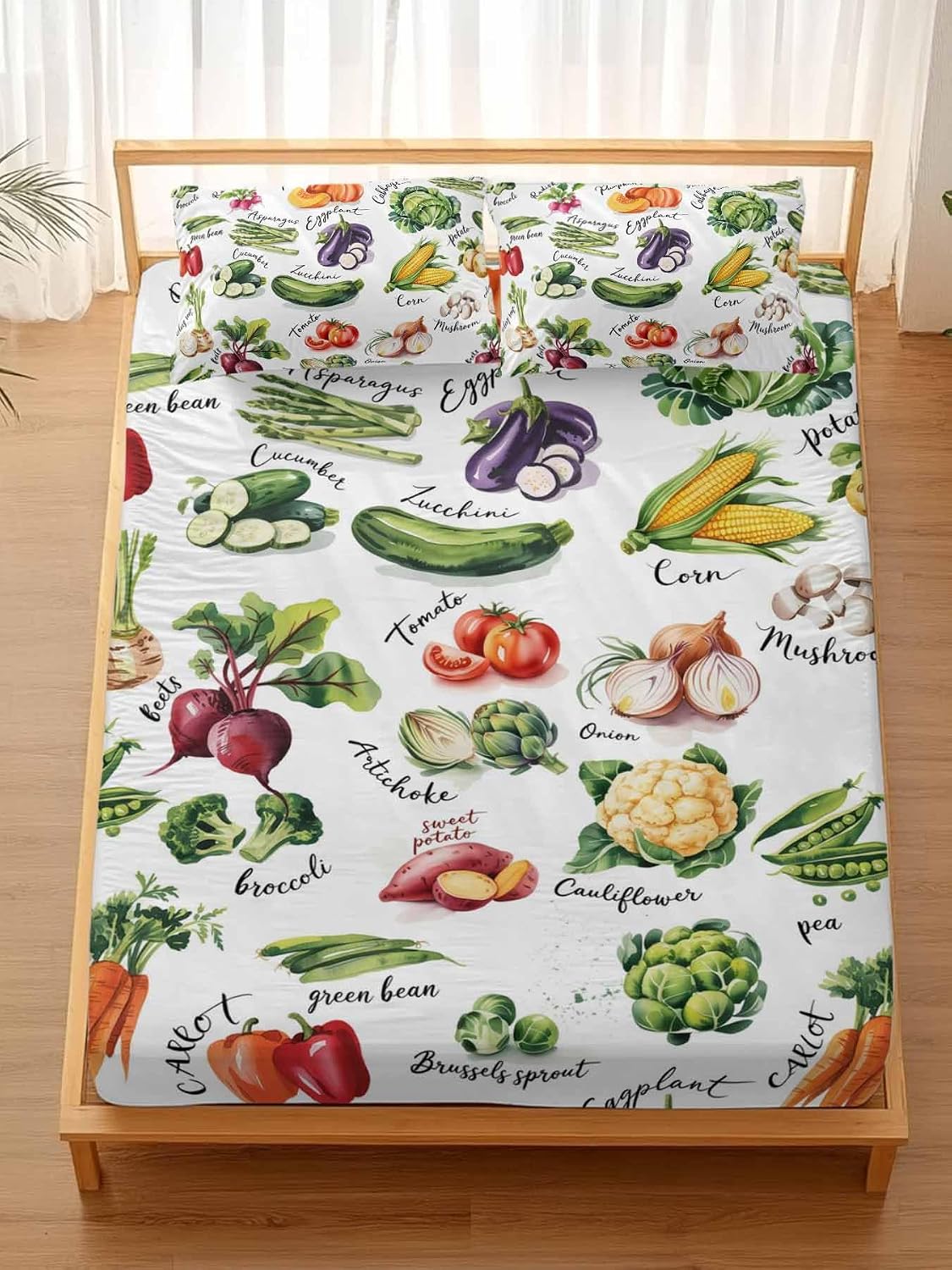 Queen Bed Fitted Sheets Country Vegetables Bed Set with 16" Deep Pocket,Soft Microfiber Bedding Bottom Sheet with 2 Decorative Pillowcases Rustic Farmhouse Plant Theme