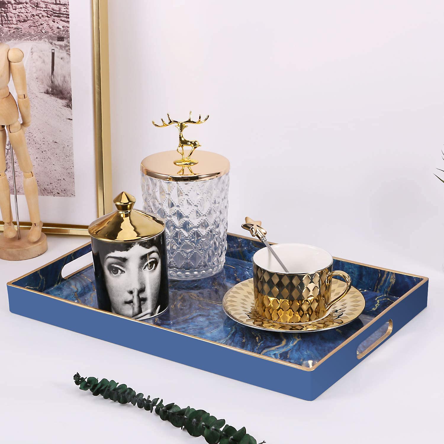 Zosenley Marmoriertes Tablett Mit Griffen – Rechteck, 40x26 Cm, Kunststoff, Blau/Gold (Für Bad, Küche, Deko)