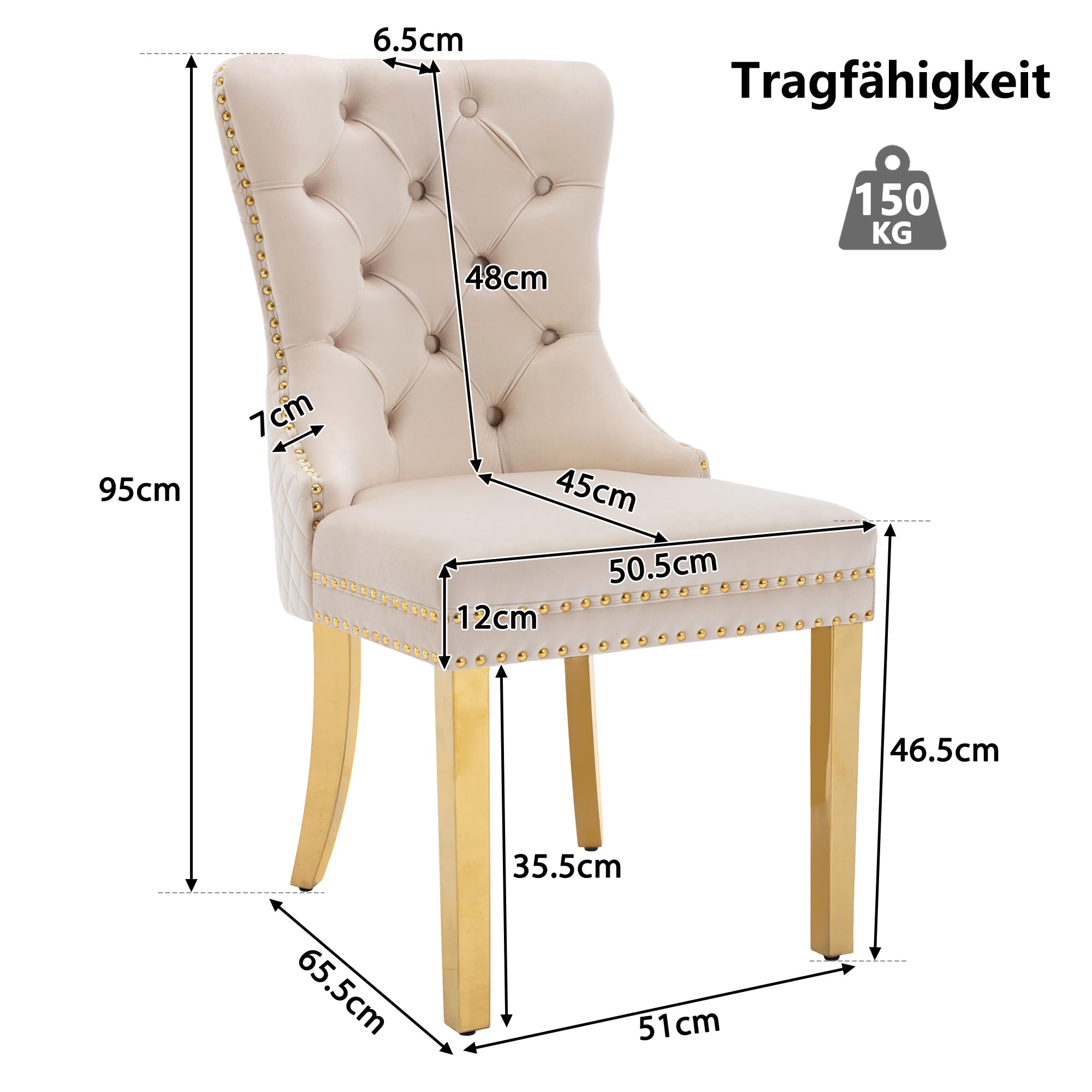 Esszimmerstuhl Beige (Küchenstuhl Wohnzimmerstuhl mit einzigartigem Runde Zugringe auf der Rückseite, 2 STS), Polsterstuhl mit Nagelkopfbesatz,Stützbeine aus vergoldetem Edelstahl, Samt