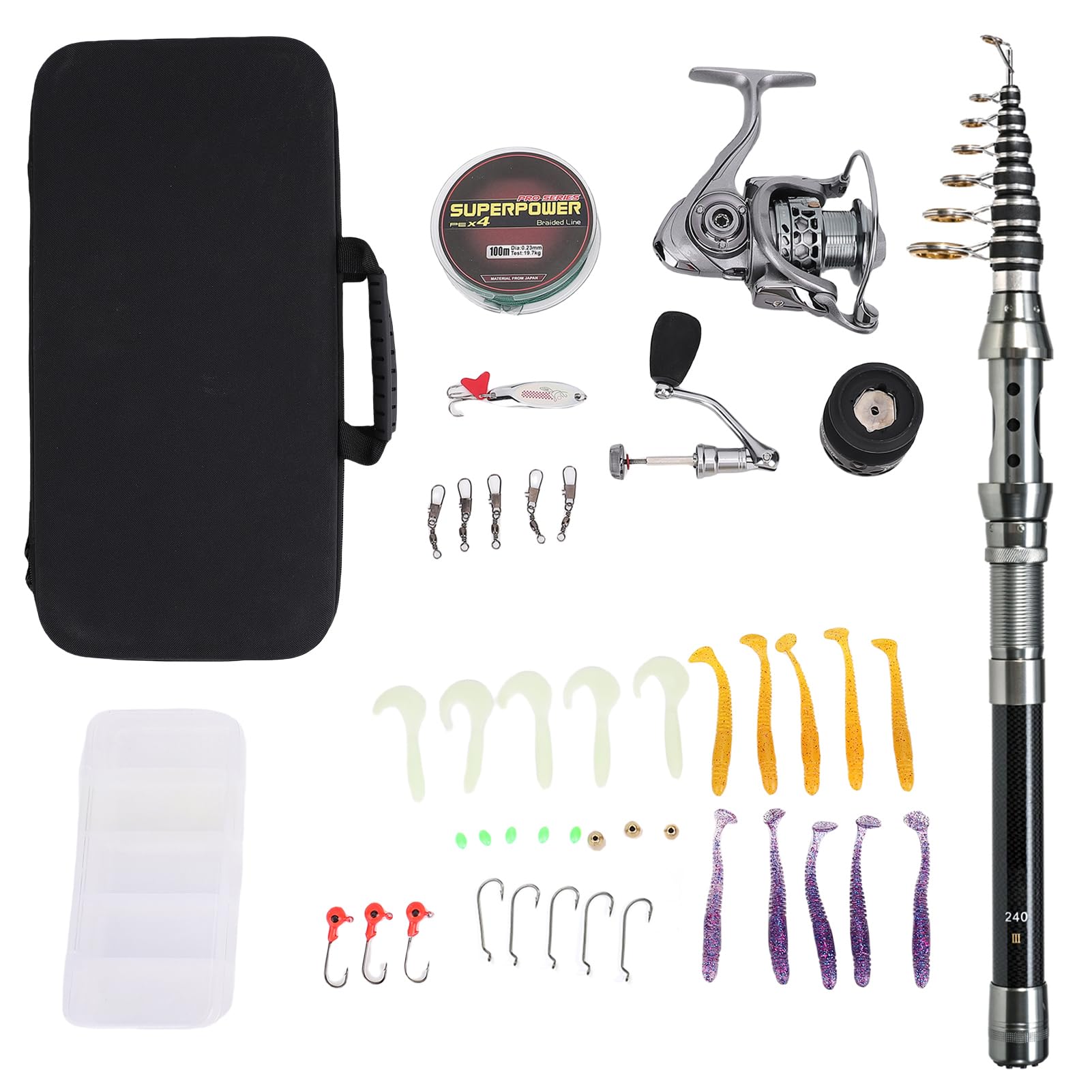 Teleskop-Angelrute und Rollen-Set mit Angelschnur, Angelköder-Set mit Zubehör und Tragetasche, Angel-Spinnruten Rollen-Kombi-Set für Kinder Erwachsene Salzwasser Süßwasse