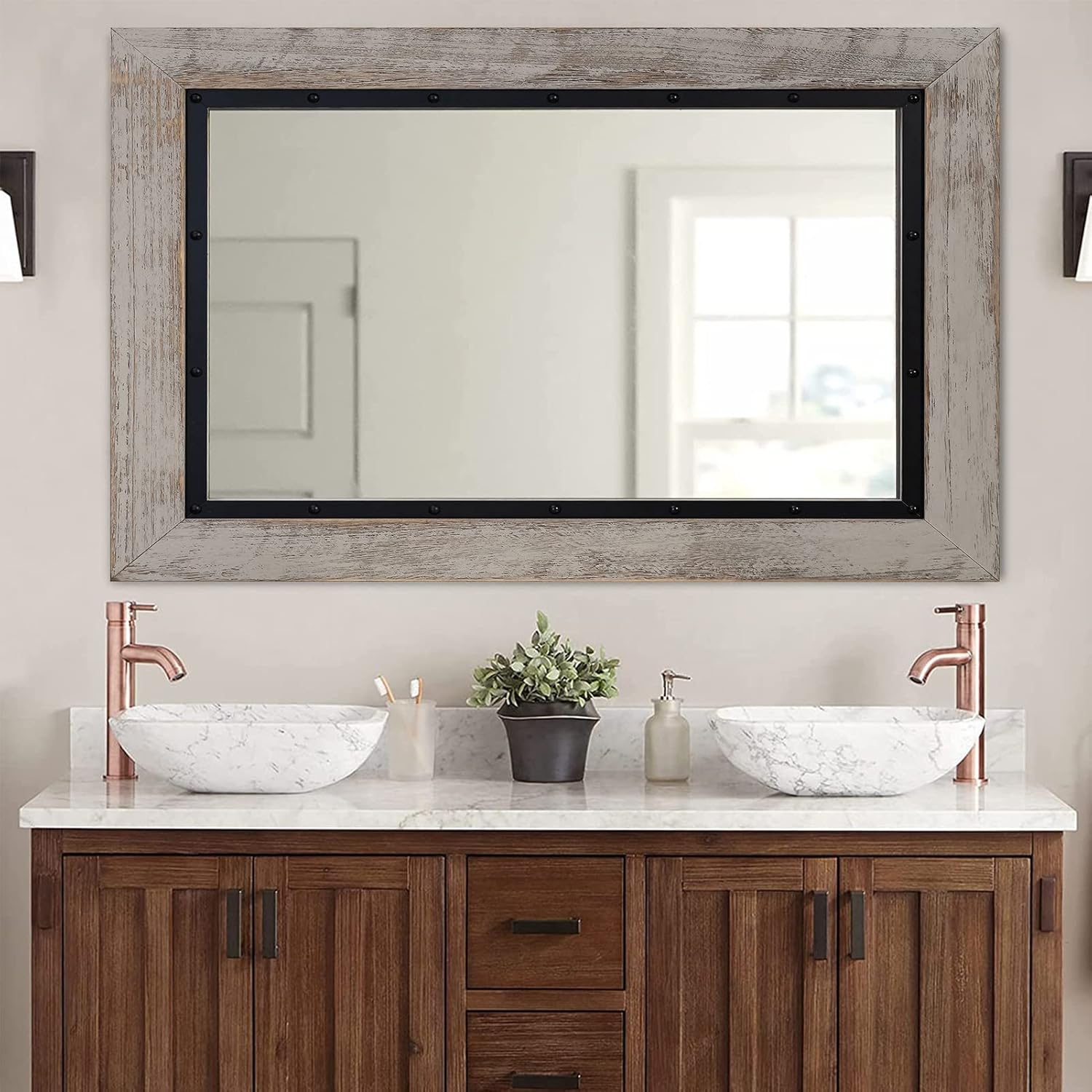 YOSHOOT Rustic Wooden Framed Wall Mirror, 32"x24", Natural