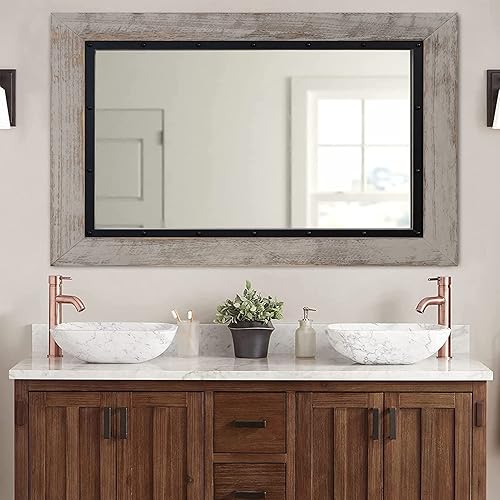 Miniatura 8 de YOSHOOT Espejo de pared con marco de madera rústica, 48 x 30 pulgadas, espejo de tocador de baño de madera natural y hierro para decoración de