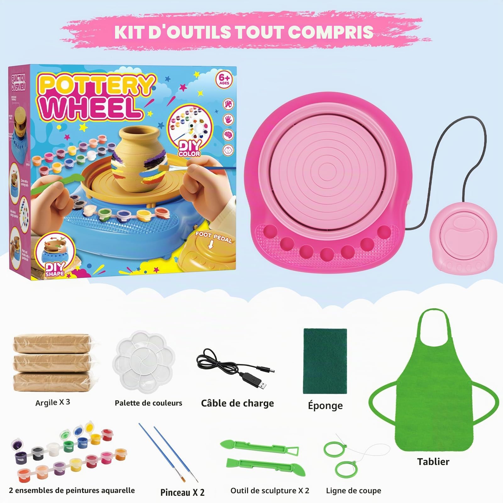 Tour de Potier pour Enfants avec Kit d'Argile-Loisirs Créatifs Enfants 6-12 Ans, Kit de Poterie Complet avec Argile Auto-Durcissante et Outils de Peinture, Cadeau Pâques Noël Anniversaire Garçon Fille
