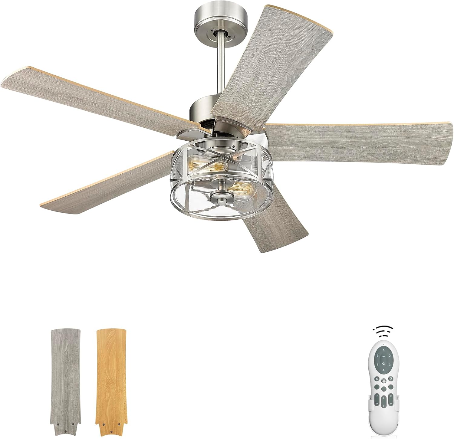 YOUKAIN Farmhouse Ceiling Fans, 48 Inch Industrial Ceiling Fan with Light and Remote Control, Clear Glass, 5-Reversible Blades with Gray Oak/Burlywood Finish, 52-YJ632-BN