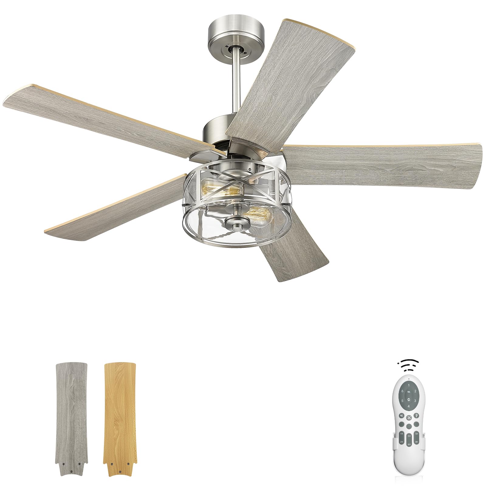 YOUKAIN Farmhouse Ceiling Fans, 48 Inch Industrial Ceiling Fan with Light and Remote Control, Clear Glass, 5-Reversible Blades with Gray Oak/Burlywood Finish, 52-YJ632-BN