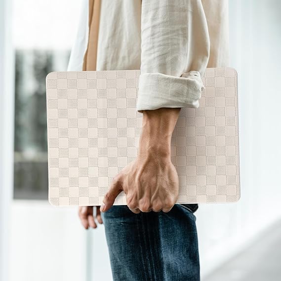 Compatible with MacBook Air 13 Inch Case (2010-2017 Release). Models: A1466 / A1369, Checkered Textured Cream Leather Hard Shell Case No Logo Cutout & Keyboard Cover for Mac Air 13, Beige