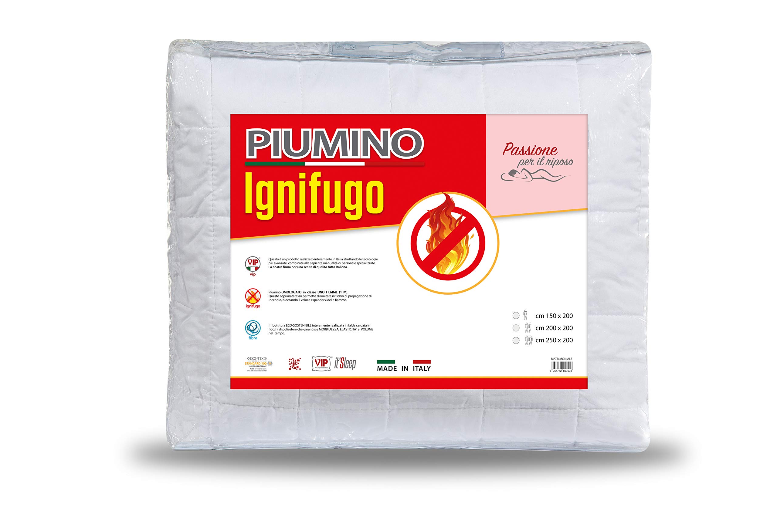 V.I.P. VERY IMPORTANT PILLOW Piumino IGNIFUGO Invernale Omologato in classe 1 IM, 100% Poliestere Siliconato Cardato, 1 Piazza, 155x205cm, Gr. 300, Bianco