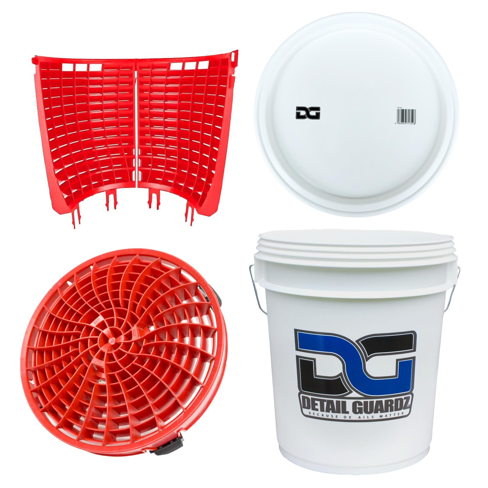 【正規輸入品】DETAIL GUARDZ(ディテール ガーズ) ダートロック&スクラブウォール & DGオリジナルバケツ18L(白)&フタ 4点セット 洗車傷防止 洗車用品 自動車 グリットフィルター 砂と石の分離 特許取得済み (ダートロック:レッド, スクラブウォール:半周 180度(レッド))