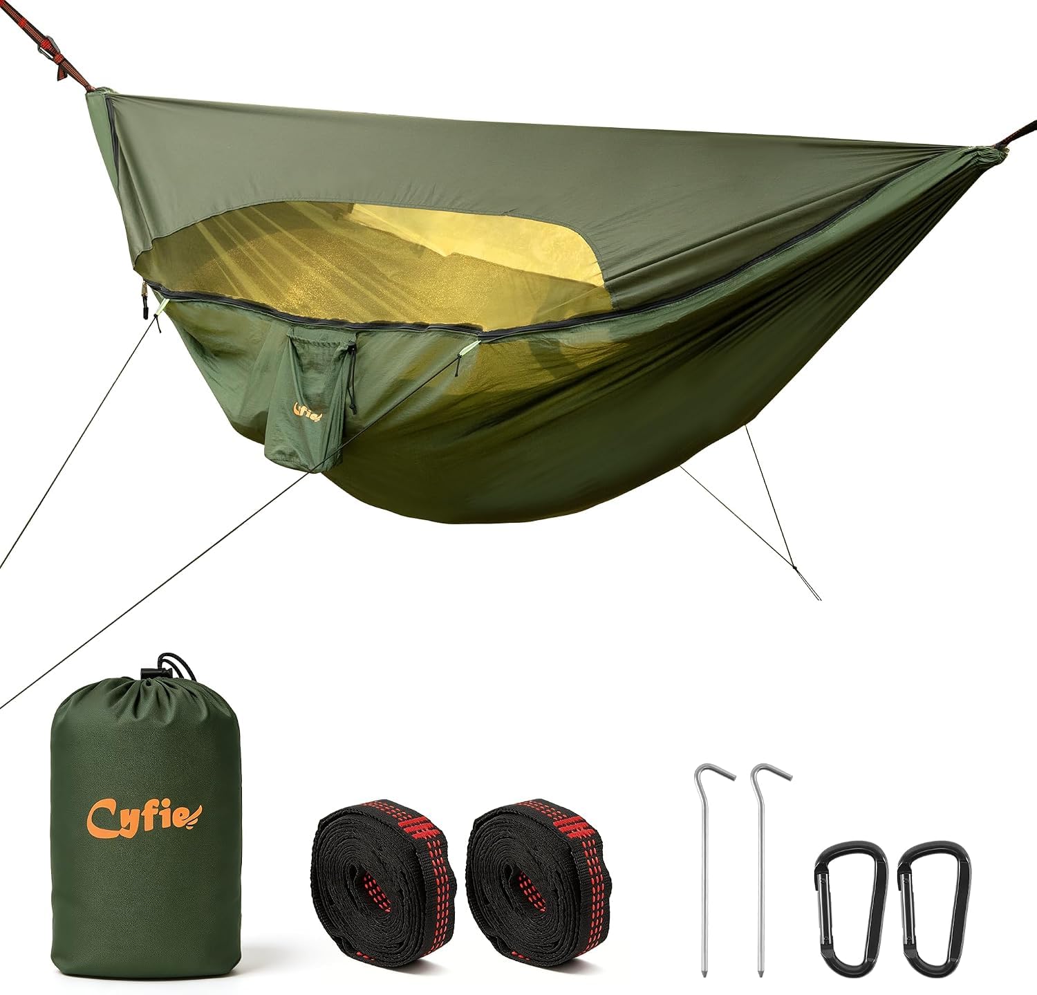 CYFIE Hamaca de Camping con Mosquitera y Toldo Parasol, Hamaca Portátil Ultraligera para Exterior, Jardín y Senderismo, 290 x 135 cm, hasta 215 kg