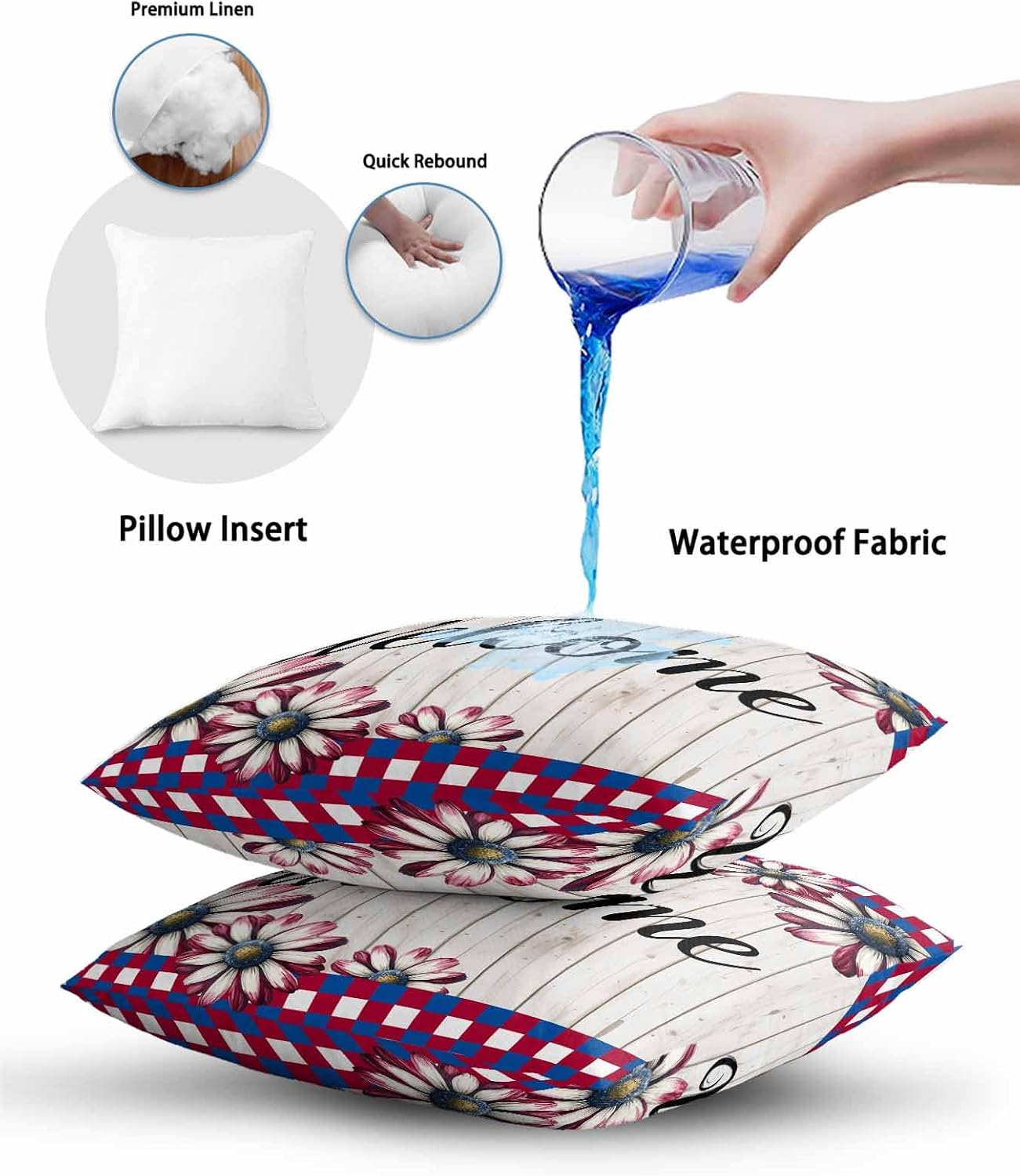 Outdoor Pillows Waterproof, Red Blue Daisy Bedding Throw Pillows with Insert for Couch Sofa Bed, Welcome Plaid Vintage 4th of July 16x16 Inch Pillowcases Camping Patio Pillow Set of 2