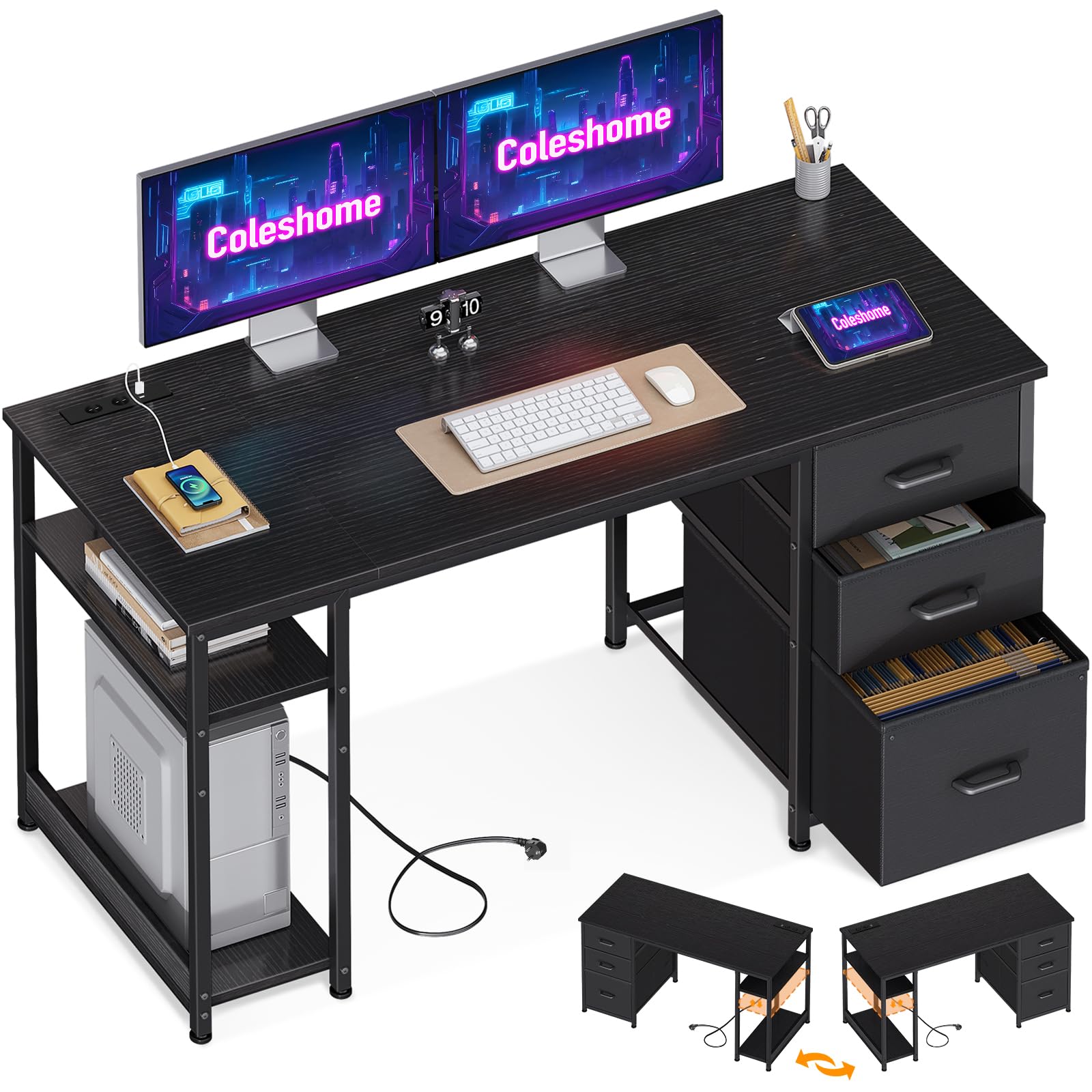 Coleshome Escritorio con 3 Cajones de Tela, 130x48cm Mesa de Ordenador con 2 Puertos de Carga USB y 2 Tomas de Corriente, Escritorio con Estantes de Almacenaje Reversible para Oficina, Hogar, Negro