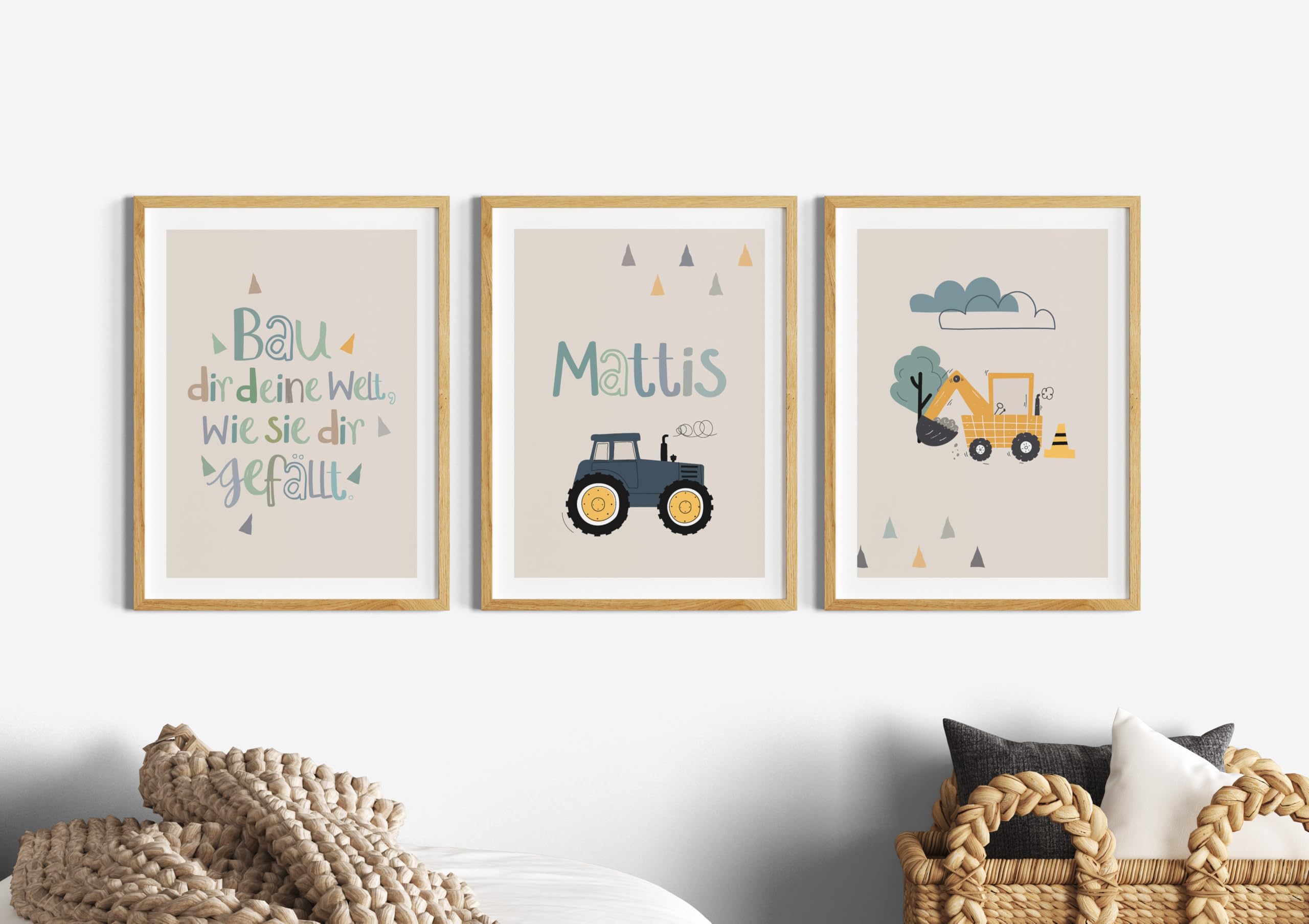 Generisch Kinderzimmer Bilder Junge, Wanddeko mit einem Traktor, Kinderspruch, Bagger als 3er Set ohne Rahmen (Beige, DIN A3 (29,7 × 42 cm))