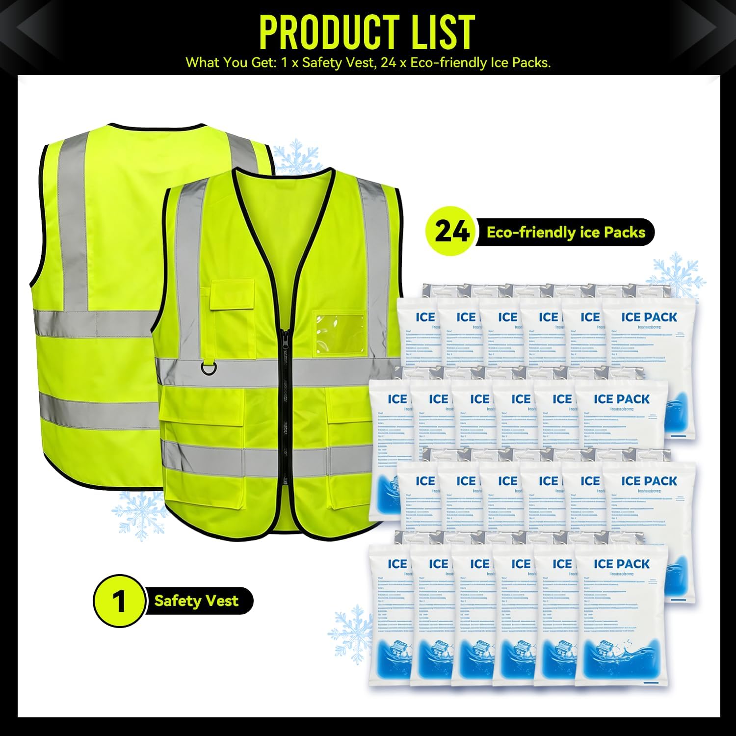 Cooling Safety Vest with 24 Ice Packs, High Visibility Reflective Work Vest, 6 Cooling Pockets, Stay Cool for 8-12 Hours, Ice Vest for Construction, Men & Women One Size
