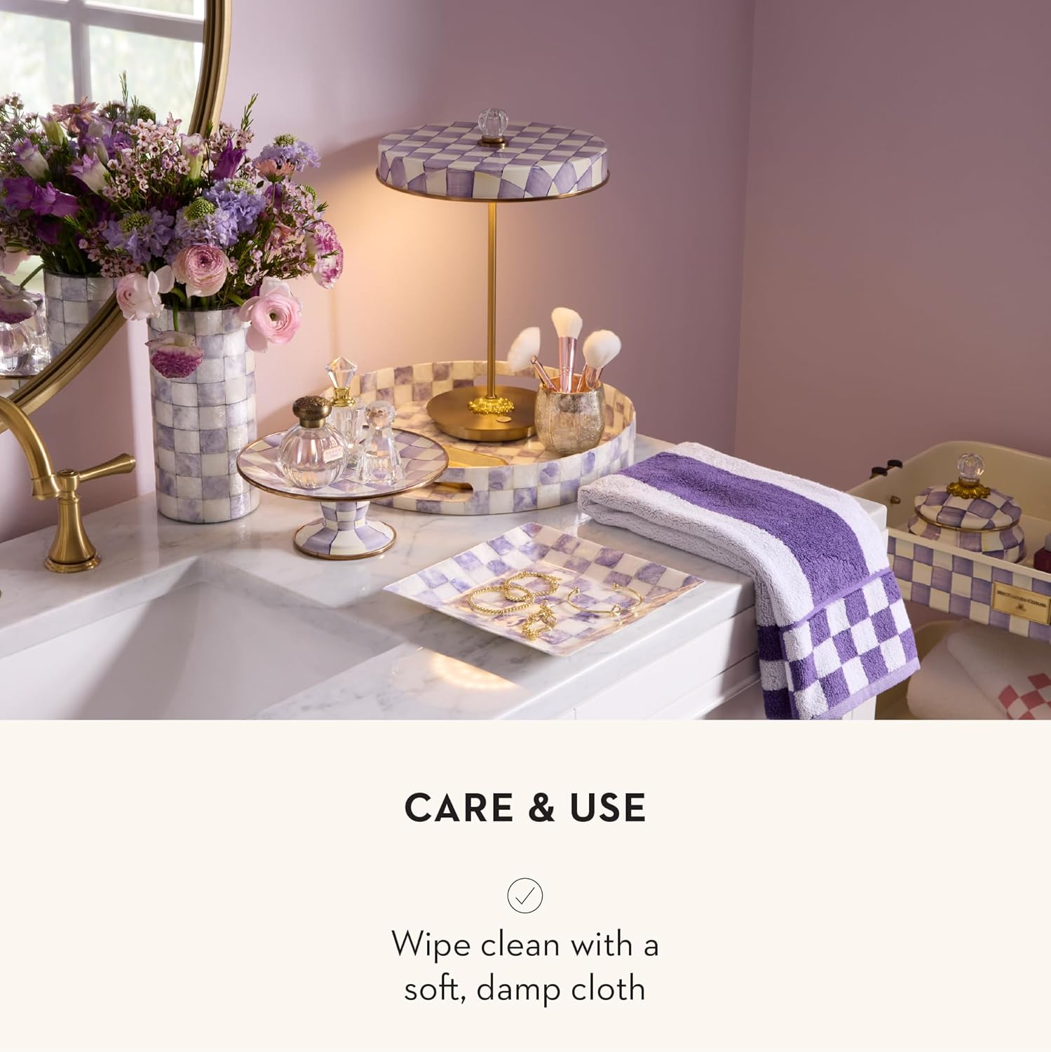 MACKENZIE-CHILDS Capiz Round Tray, Decorative Trinket Dish, Purple-and-White Violet Check