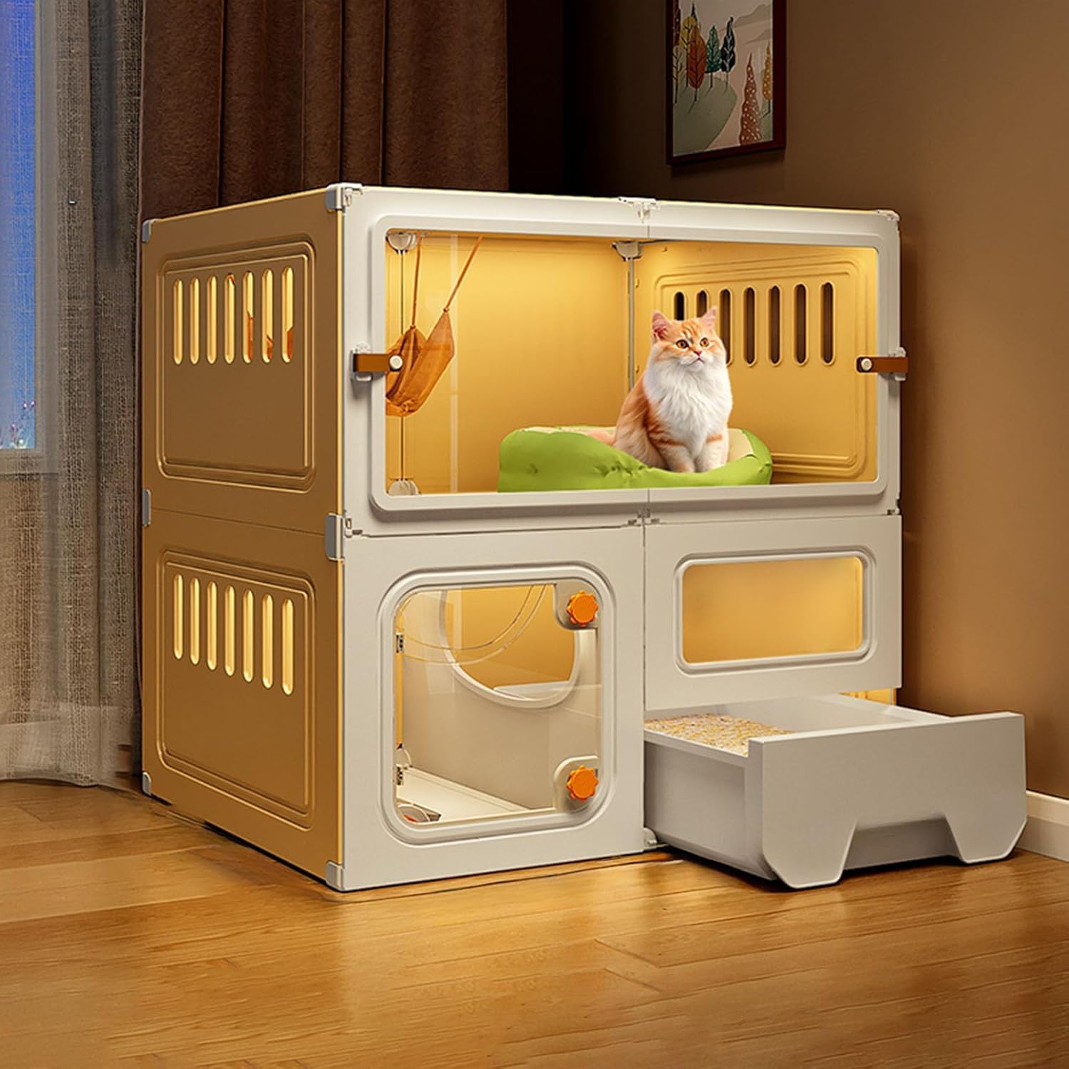 Indoor Cat Cage with Litter Box & Transparent Door, Large 28" Cat Enclosure Pet House, Stand Included, Perfect for Cats, Yellow Color, Durable & Spacious Design