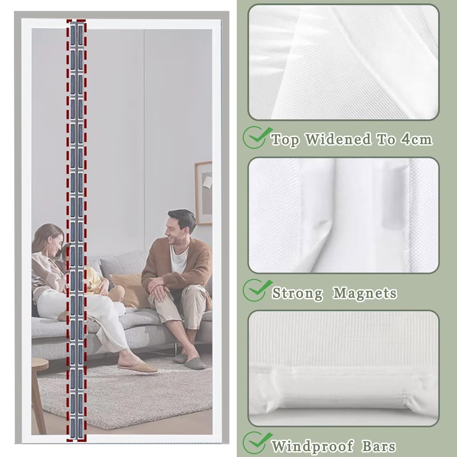 Rideau de protection contre le pollen des insectes pour caravane, porte moustiquaire, protection contre les insectes pour caravanes155x260cm Blanc, fermeture automatique