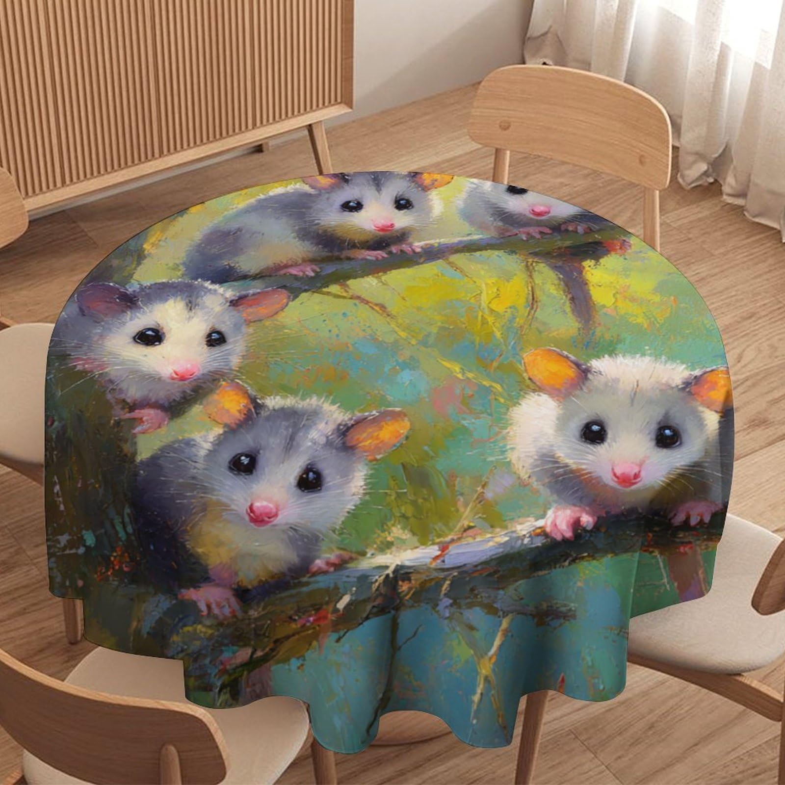 LUYYSKY Colorful Watercolor Cute Possums Round Tablecloth Natural Aesthetic Plants Tree Branch Animal Possums Washable Decor for Table Cover for Kitchen-177.8" Wx177.8 L cm