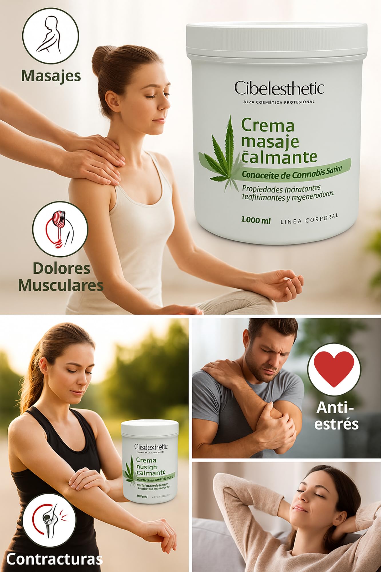 Crema CBD para masaje calmante 1000ml - Crema cannabis dolores articulares y antiinflamatoria - Masaje relajante y anti-estrés - Aporta propiedades hidratantes y regeneradoras a la piel Cibelesthetic