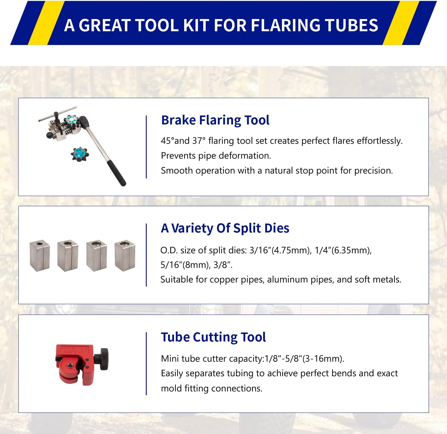 Wostore Brake Line Flaring Tool Kit 45 &37 Degree Single, Bubble, Double Flare Brake Line and Tubing Size for 3/16", 1/4", 5/16", 3/8" and 4.75mm for Copper, Stainless Steel and Soft Metal Pipes