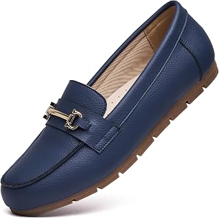 Genuine Leather Loafers for Women Driving Moccasins Business Casual Work Shoes Comfortable & Lightweight Womens Dress Flats Slip On Shoes Navy Blue Size 7 Wide Width