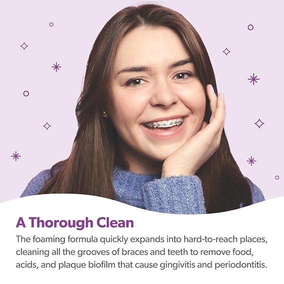 EverSmile OrthoFoam Braces Cleaner Travel Size Brushable Foam Whitens Teeth, Eliminates Bacteria, Fights Plaque and Bad Breath Cleans Under Metal, Ceramic, Clear Brackets and Wires 25ml