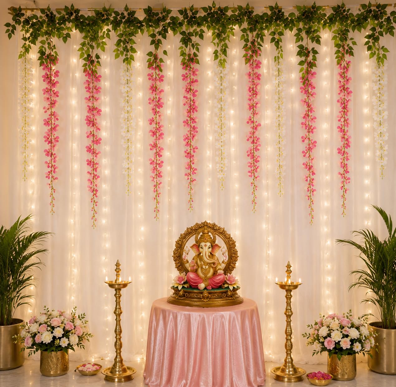 Lazybeee Backdrop Decoration Kit | Net Curtain & Artificial Plant Vines for Ganesh Chaturthi, Haldi & Mehndi, Home Decor & Birthday & Parties | (New2_Ganesh Backdrop Design 2)