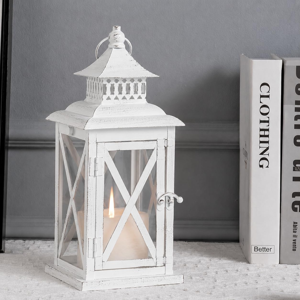 DECORKEY Lantern Decorative Indoor & Outdoor, Large Square Hanging Spring Home Decor, Vintage Metal Decorative Candle Lanterns for Outdoor Patio Wedding Party White with Black Brush