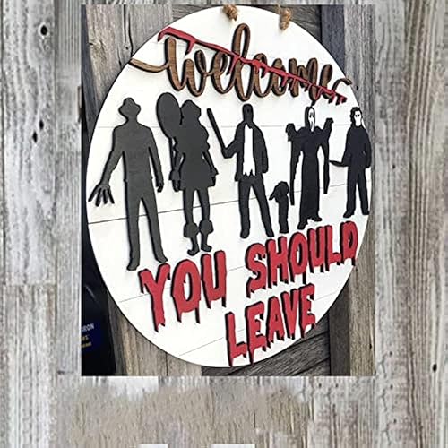 Miniatura 5 de Letrero de bienvenida de terror de Halloween para puerta delantera, personajes de películas de terror, colgador de puerta, decoraciones