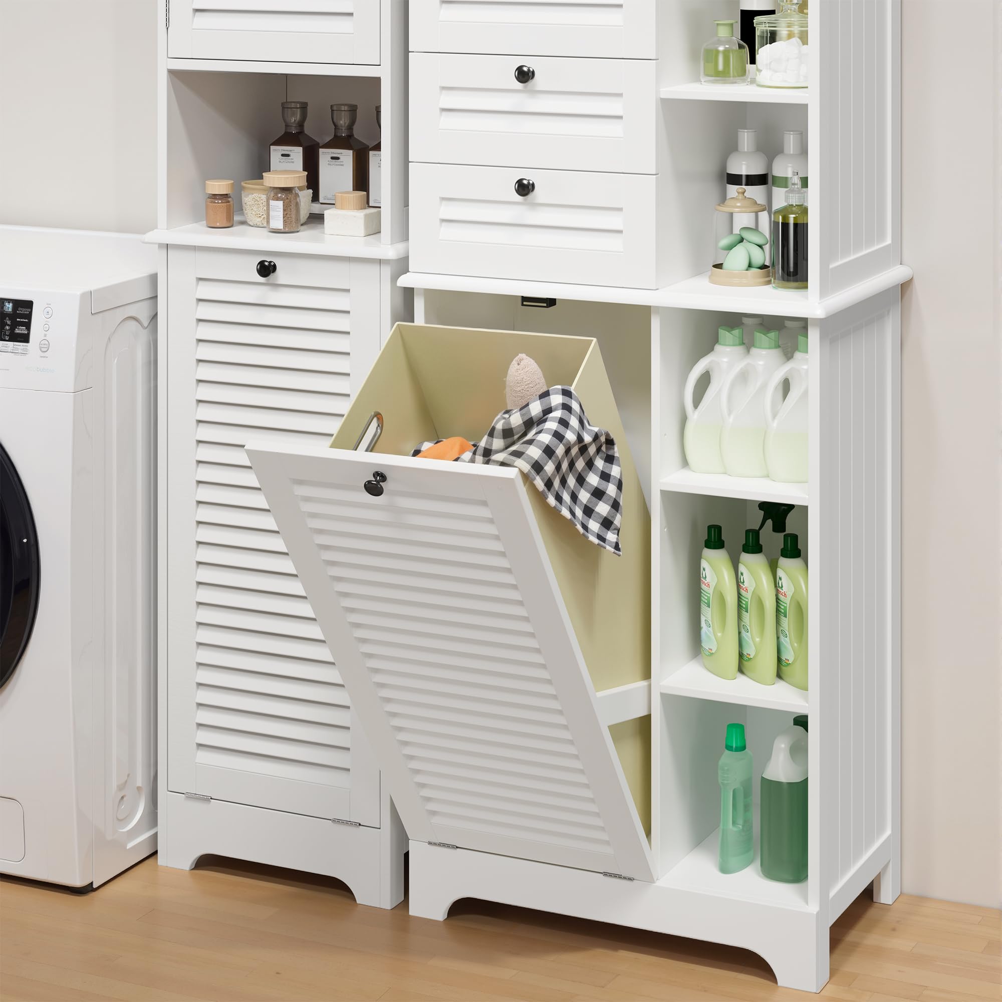 Xbro Mobile Salvaspazio Alto da Bagno con Cesto Portabiancheria, 2 Ante a Lamelle, 2 Cassetti e 8 Ripiani Aperti, Multiuso per Bagno, Cucina e Soggiorno, 60x37x170 cm, Bianco