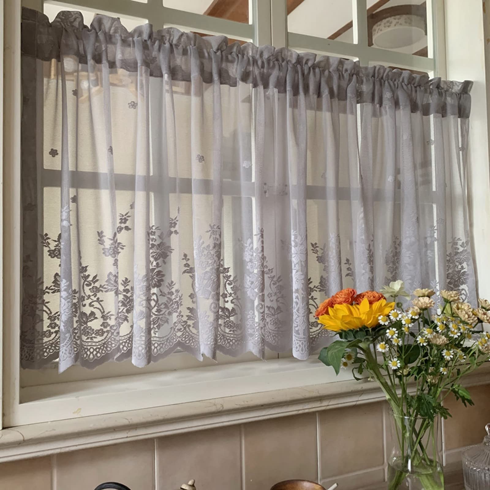 A.Monamour Short Curtain for Small Window Sheer Transparent Voile Curtain Net Curtain with Floral Embroidery Lace Valance Panel Drapes Half Curtain for Kitchen Bistro Door Curtain Light Grey