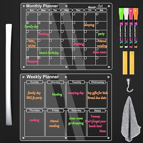 Calendario magnético para nevera, calendario mensual y semanal acrílico de borrado en seco, 2 piezas de 16 x 12 pulgadas, calendario magnético