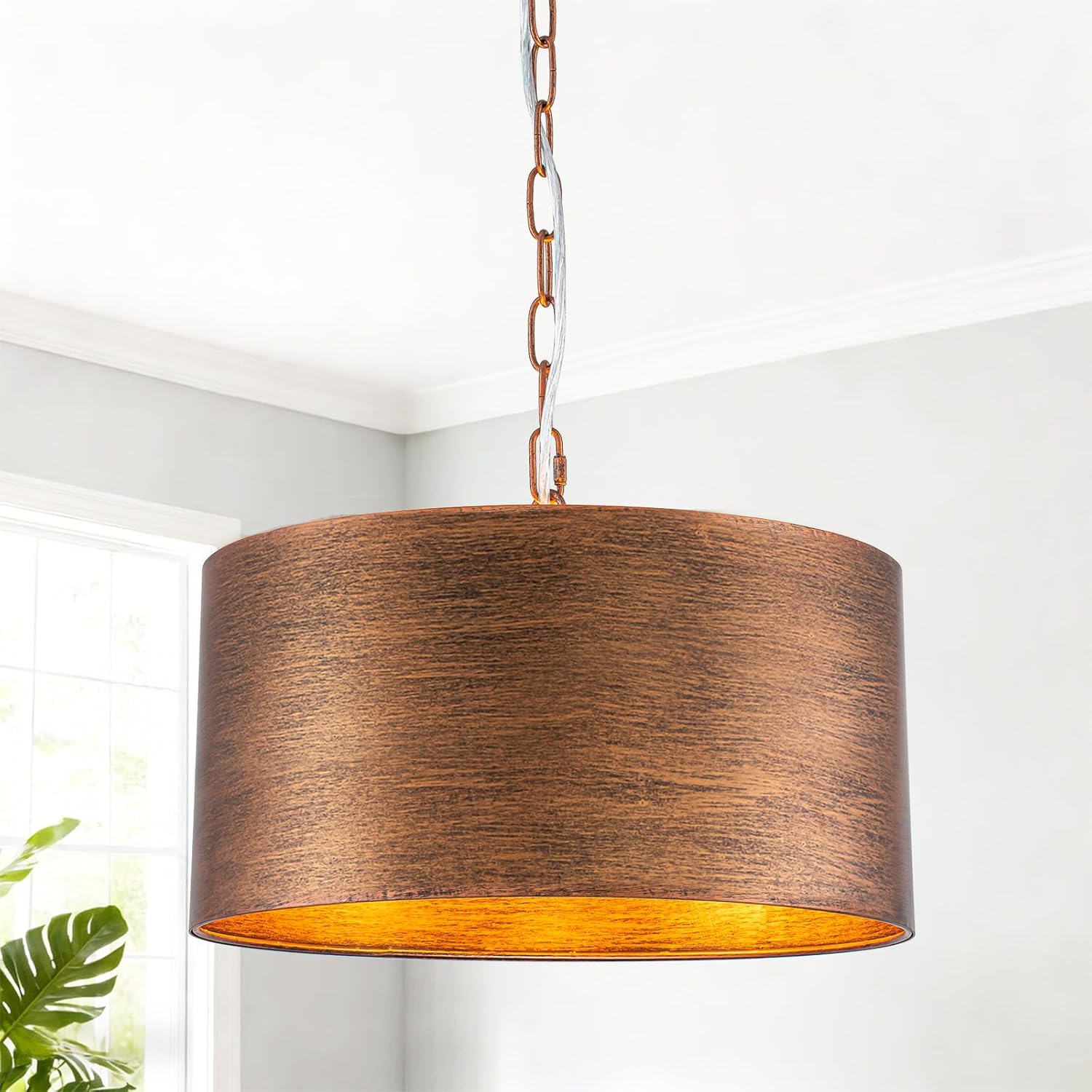 14.96" Copper Bronze Drum Pendant Light with Chain, 3 Light Round Industrial Dining Room Light Fixtures over Table, Metal Hanging Chandelier for Dining Room, Kitchen,Breakfast Nook, Entryway, E26 Base