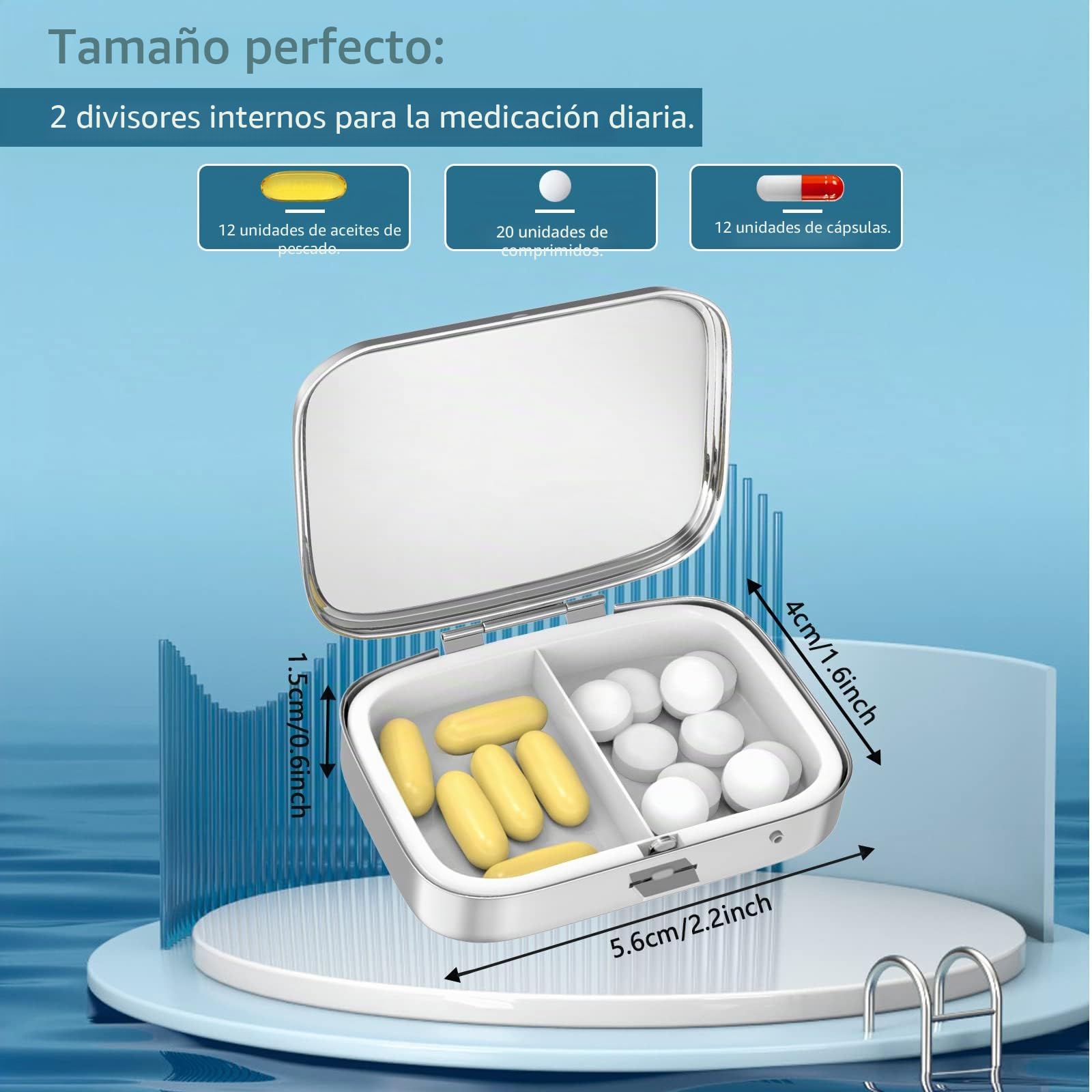 Pastillero de 2 compartimentos para medicinas, portátil para bolsillo o monedero Pastillero Decorativo de metal para medicinas Organizador de vitaminas Regalo único