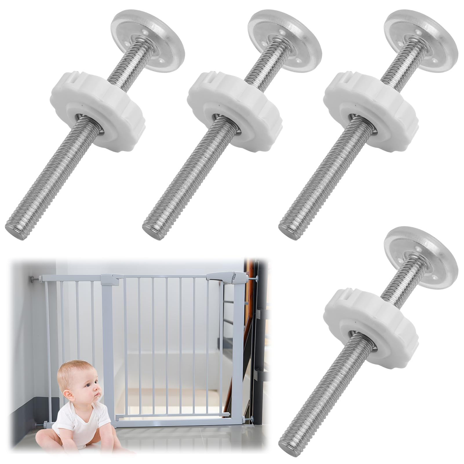4Pcs Stair Gate Screws M10 Threaded Spindle Rods Stairgate Pressure Fit Screws Extra long Baby Gate Fixtures Stairgate Parts Replacement for Baby and Pet Safety Doors Walk Thru Door 10mm White