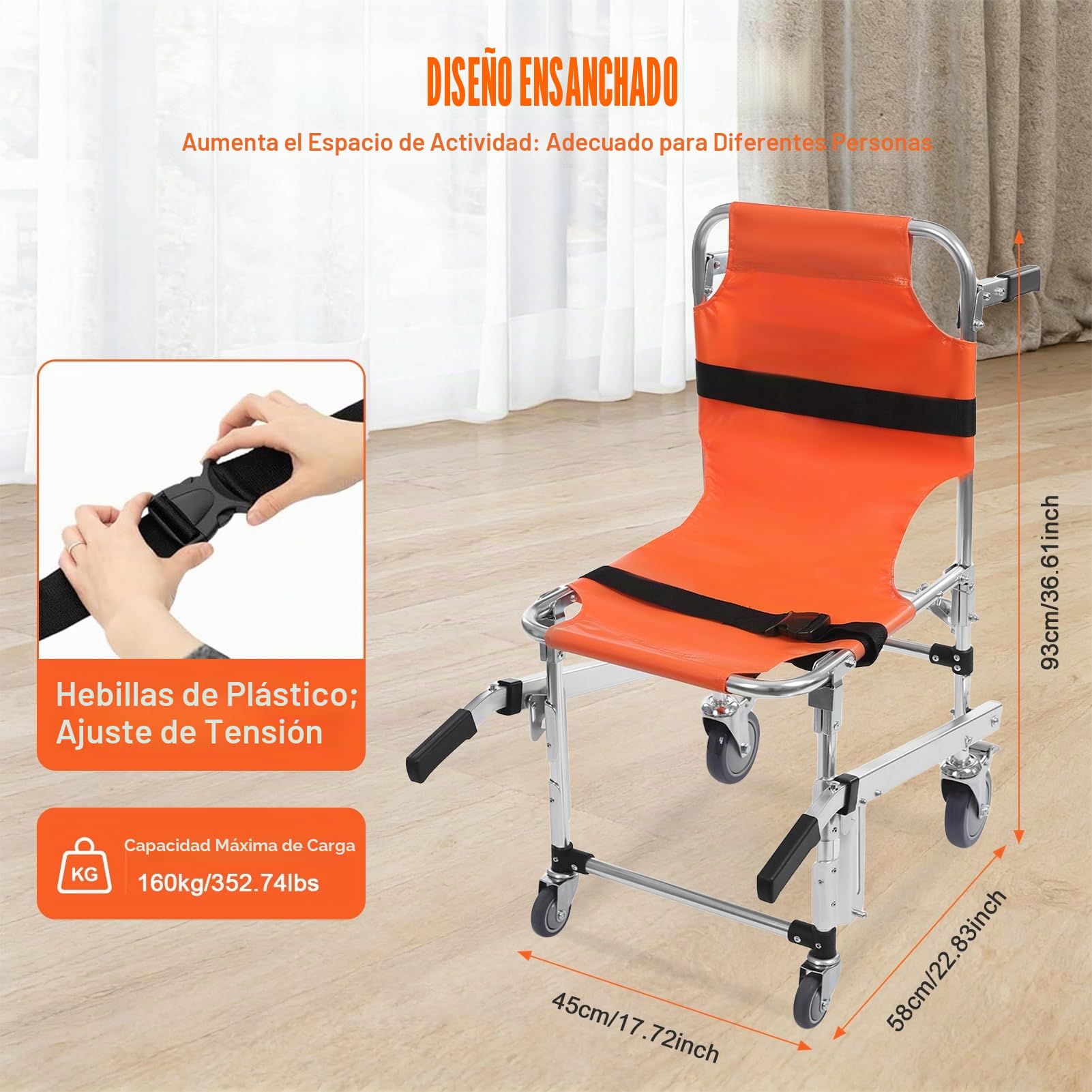 Silla de evacuación, silla de escalera de aleación de aluminio, ligera, plegable con cierre rápido, silla de evacuación para ambulancia bombero (naranja)