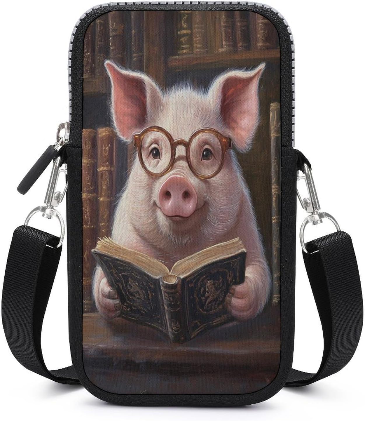 Pig Wearing Glasses Reading Humorous Crossbody Mobile Phone Bag Smartphone Bag With Adjustable Strap