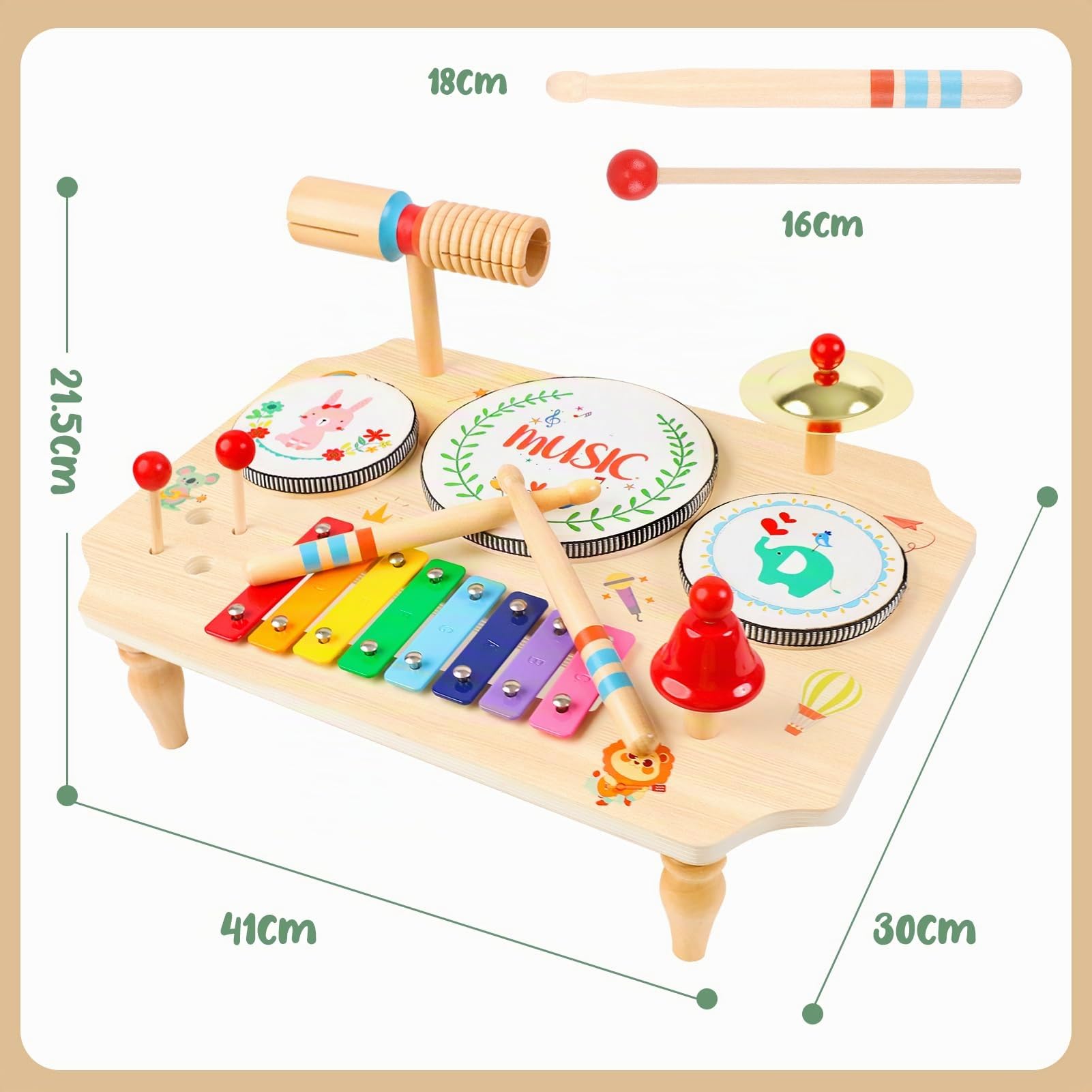 LZDMY Instruments de Musique Bébé 1 2 3 Ans Jouets Musicaux en Bois | Tambour Xylophone Triangle Batterie et Percussions pour Enfants Jouets Montessori Anniversaire Pâques Cadeau Garçon Fille