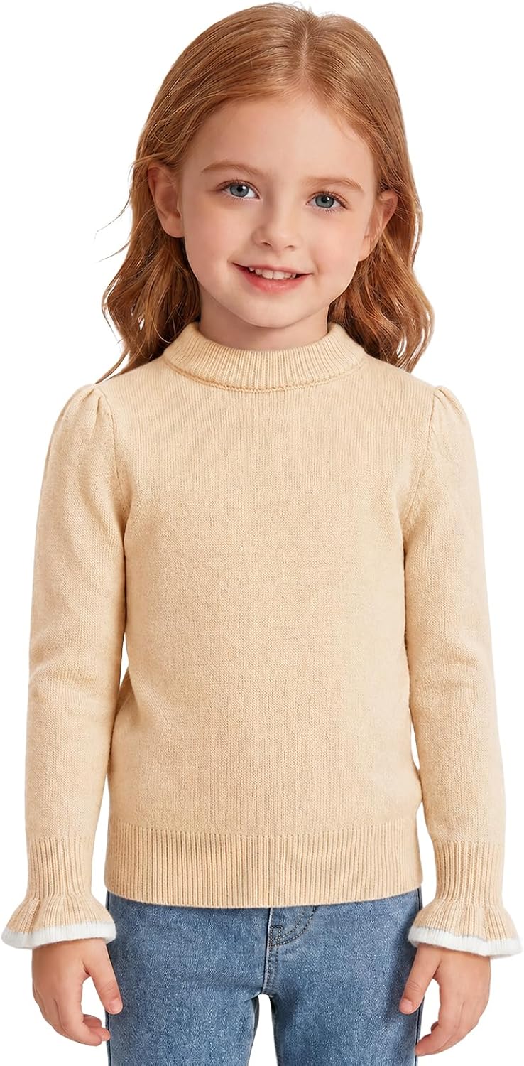 Haloumoning Toddler Baby Girls Sweater Little Kids Fall Crewneck Ruffle Cuffs Knit Sweaters 9M-8Y