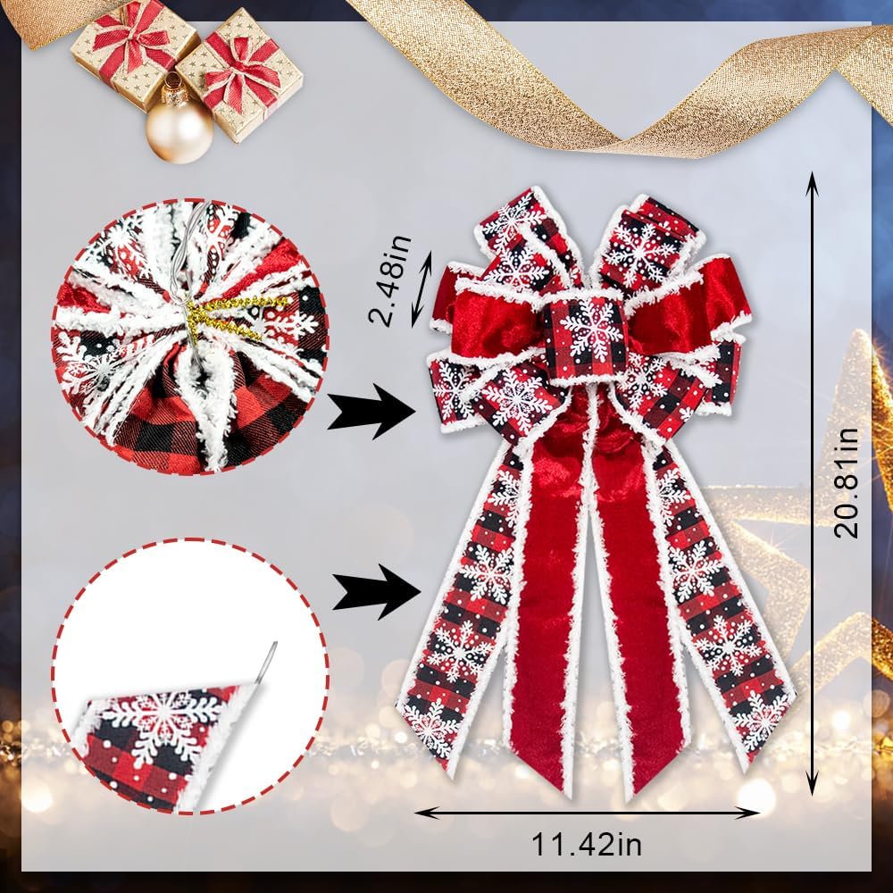 Estivaux 2 Pieces Christmas Bows for Wreath, Merry Christmas Wreath Bows Red Velvet Bow Winter Holiday Snowflake Craft Ribbon Bow Xmas Tree Topper Bows for Front Door Christmas New Year Decorations