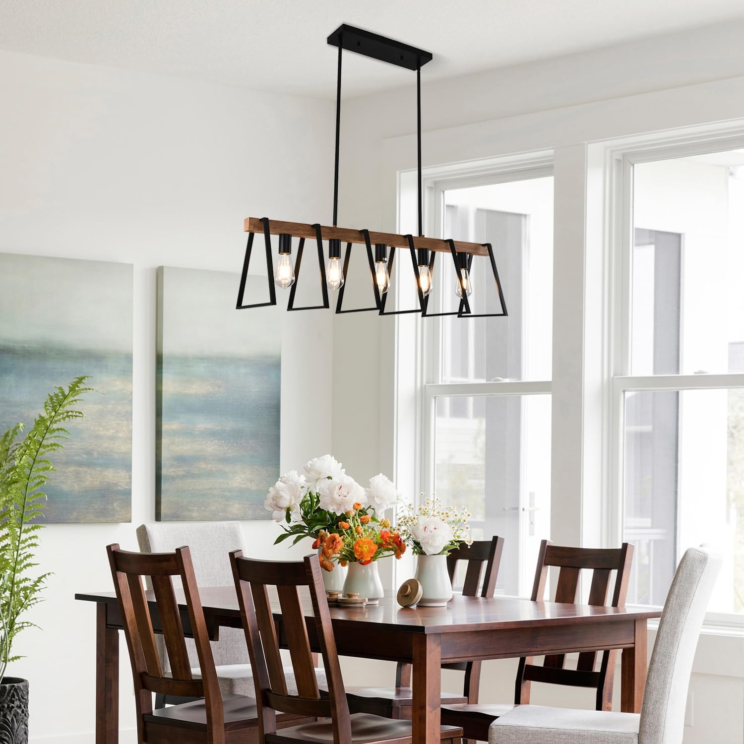 Rustic Wood Chandeliers Farmhouse 5 Light Dining Room Light Fixtures Mid Century Modern Black Linear Chandelier Industrial Kitchen Island Rectangle Pendant Light