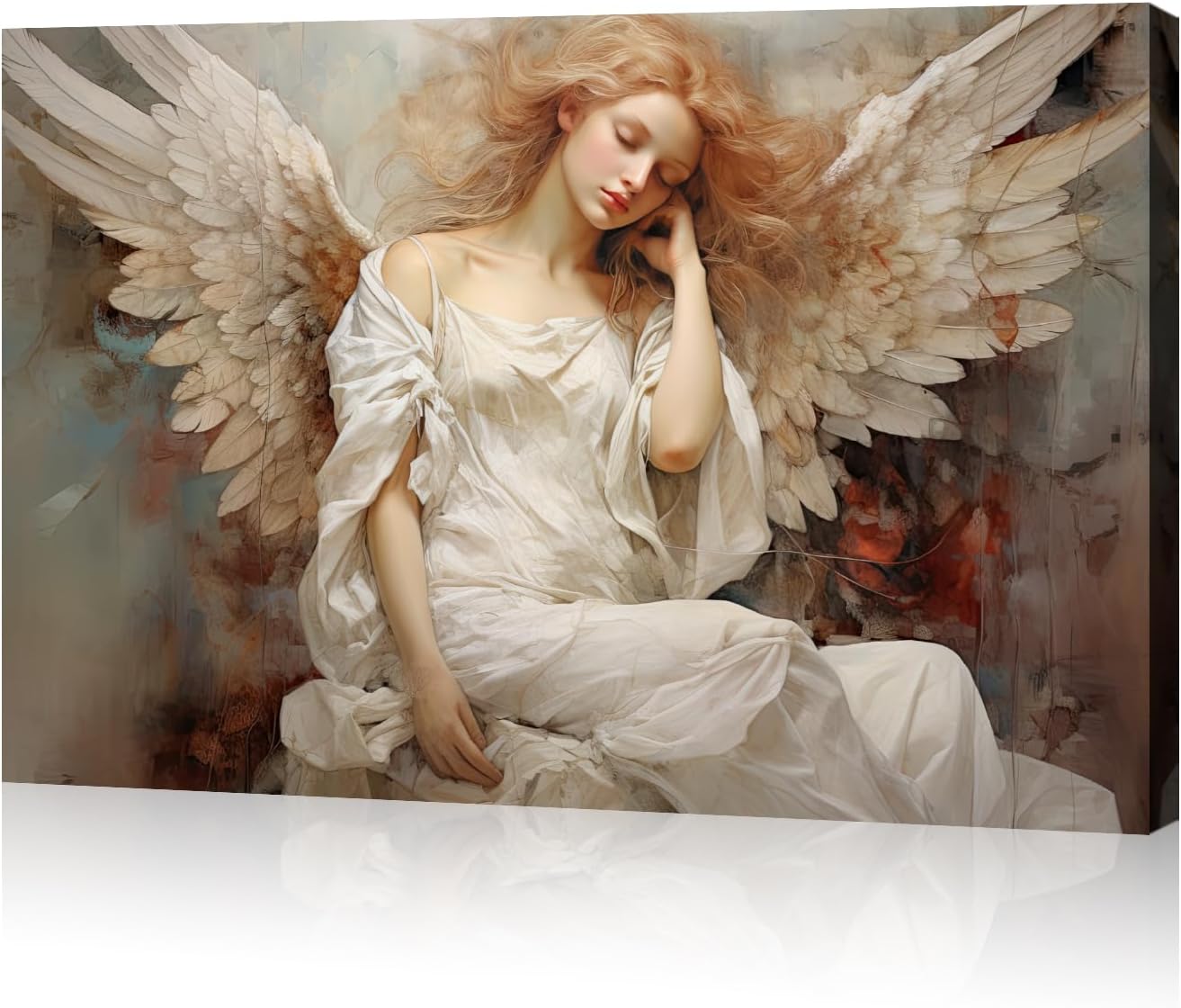 Angel Canvas Wall Art White Wings Picture Girl with Flower Posters Pink Prints for Living Room Bedroom Home Office Decor Framed(12.00x18.00 inch)