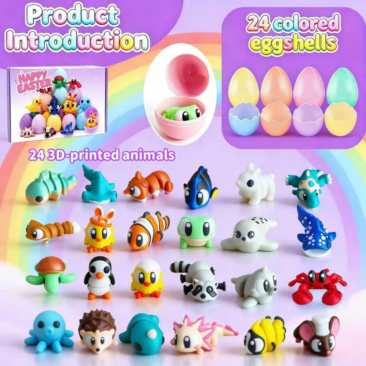 24Pack Easter Eggs,3D Printed Stuff,Easter Basket Stuffers,3D Printed Little Animals Articulated Flexible Fidget Toy, Easter Egg with Animal Toys Kids Classroom Gift Exchange Party Favors