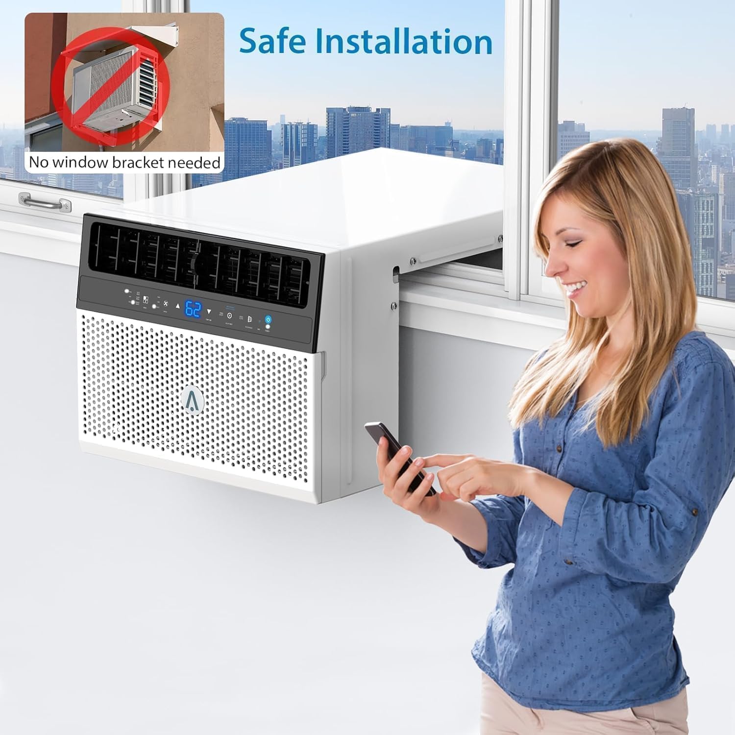 Woman looking at her phone next to an installed Amenitlif U-Shaped Window Air Conditioner, with an inset showing a traditional AC unit requiring a bracket crossed out.