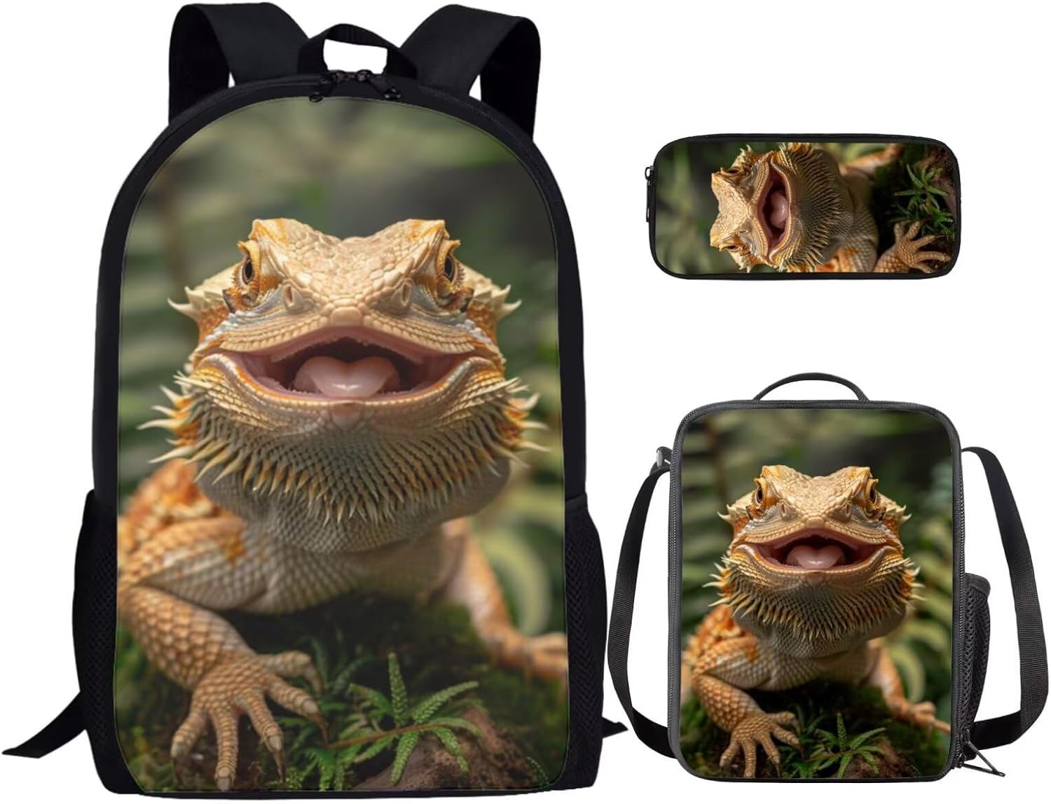Dragon Lizard Backpack for Kids Boys Backpack with Lunch Box and Soft Pencil Case 3PCS Bookbag Set 17" Lightweight School Bag with Side Pocket Kids School Essentials Casual Daypack Backpacks