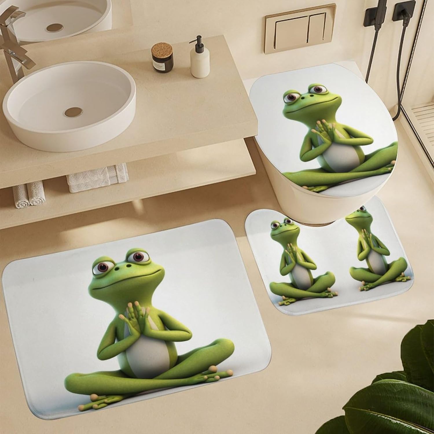 Anti-Skid Floor Mats 3 Piece Set,The Funny Frog Doing Yoga Printed Coral Fleece Bathroom Mats U-Shaped Contour Mat Toilet Seat Cover for Bathroom, Tub, Shower, Kitchen 19.7"x31.5"