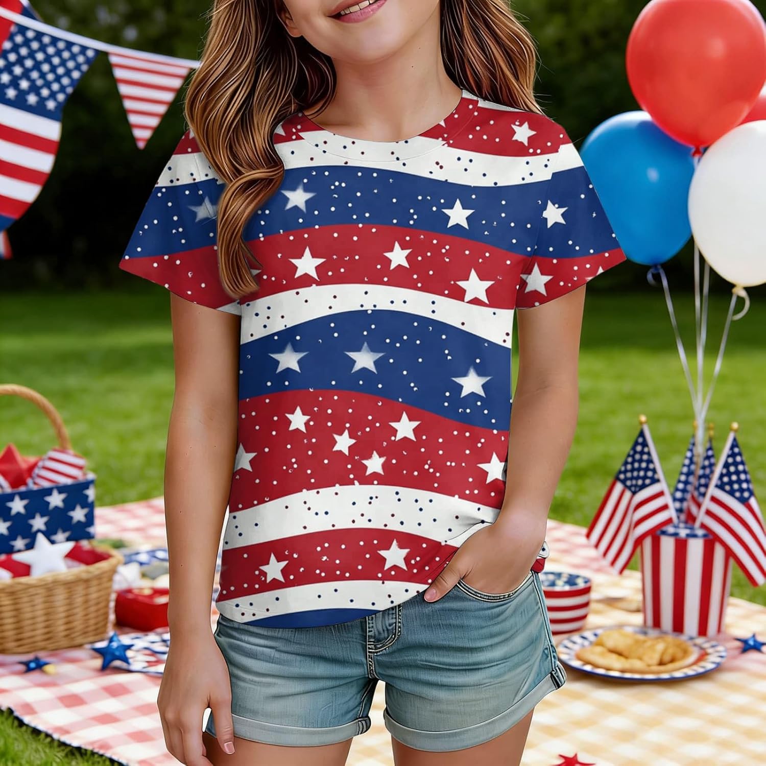 Girls Summer Short Sleeve Shirt 250 Anniversary USA Clothes Kids Crewneck Shirts 4Th of July Patriot Outfits