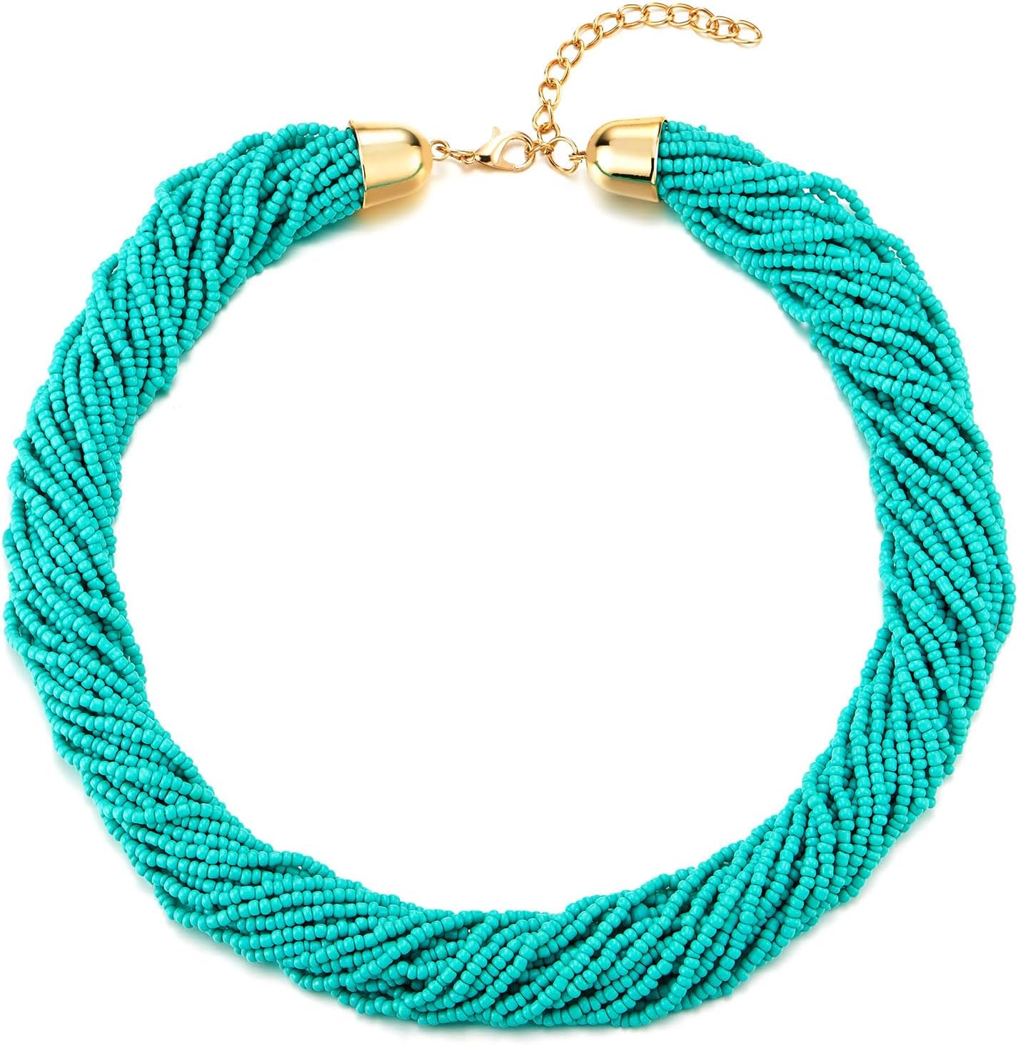 COOLSTEELANDBEYOND Turquoise Beaded Choker Necklace for Women, Multi-Strand Braided Statement Design, Boho Festival